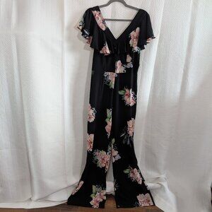 Nicole Miller Studio Black and Pink Floral Wide Leg Ruffled Jumpsuit Size 4